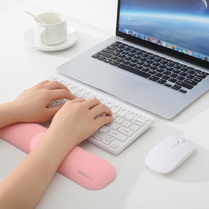 UnivoColors Design-Medium Wave Keyboard Wrist Rest of Medium, Artificial Sheepskin+Memory Foam+Ergonomic+Anti-Slip Gel, Resilience Support During Work and Gaming,Keyboard Accessory,Pink