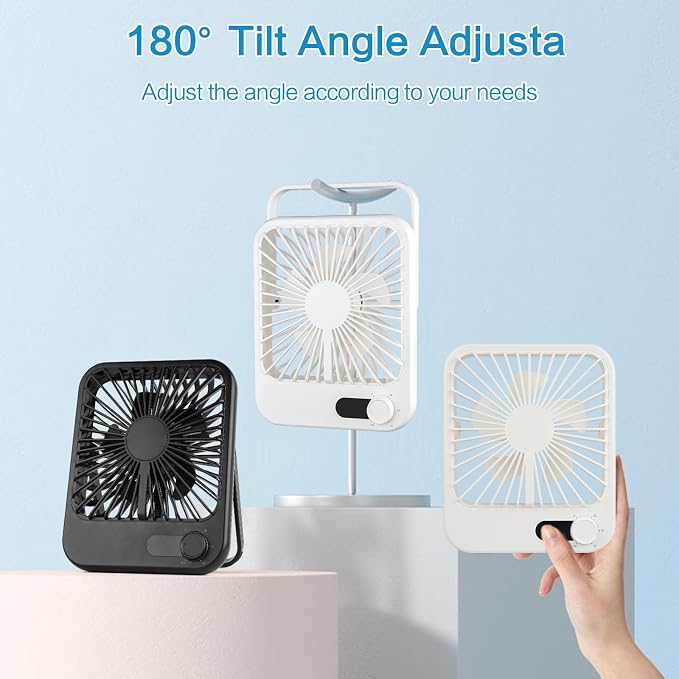 QLKUNLA 100-Speed Ultra-Quiet Desk Fan for Sleeping, 6.8" Rechargeable Portable Fan with LED Display, 180° Adjustable Head & Tripod Base - Battery/USB Powered Mini Fan for Office, Cruise, Travel