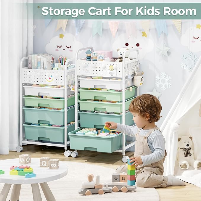 5 Drawer Rolling Storage Cart with Pegboard Top and Hooks, Gradient Green | Mobile Organizer Cart with Wheels for Office Supplies, Craft Storage, Classroom Organization, Home Utility Cart