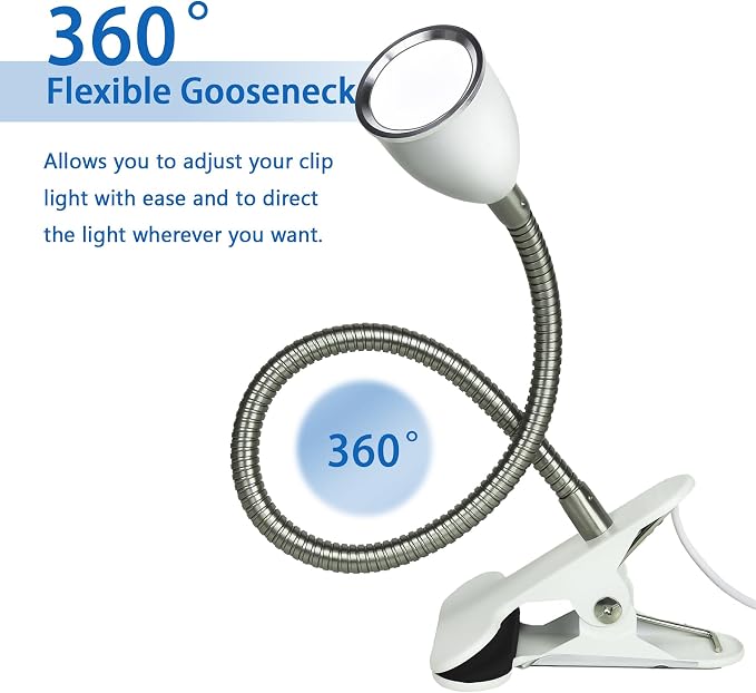 Desk lamp Eye-Caring Table Lamps, 360°Rotation Gooseneck Clip on Lamp Reading Light, Portable Reading Book Light, Clamp Light, Study Desk Lamps for Bedroom and Office Home Lighting (White with Dimme)