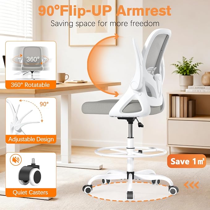 ORRSAKER Drafting Chair, Tall Office Chair with Flip-up Arms, Mesh Ergonomic Computer Standing Desk Chair with Adjustable Height Foot Ring and Lumbar Support, 300 LBS Capacity, Gray