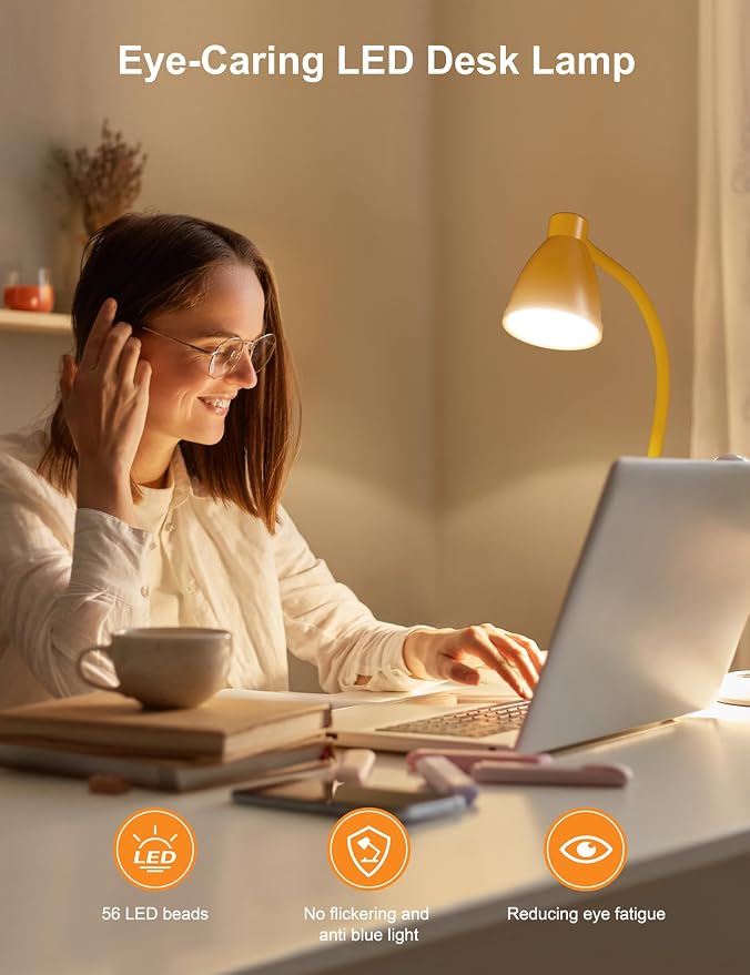BOHON LED Desk Lamp with USB Charging Port 3 Color Modes Fully Dim, Yellow | Reading Lamp, Auto Dimming Task Lamp, Flexible Neck Table Light for Home Office Dorm Bedside, Bright Yellow