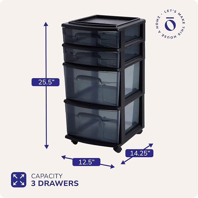 HOMZ Drawer Tower, 4-Tier Storage Cart with Removable Wheels, Black Frame | Plastic Organizer with Clear Bin Drawers for Bedroom, Bathroom, Home Office, and Dorm Rooms