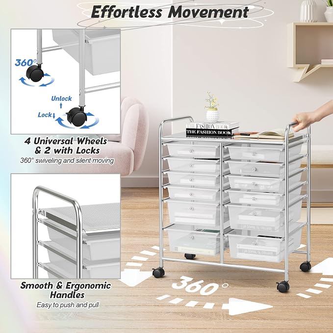 COSTWAY 12-Drawer Rolling Storage Cart, Moveable Art Craft Organizer | Lockable Wheels, Metal Shelf, Files Arrangement Tools Makeup Storage Cart for Office, Home, School (Clear)