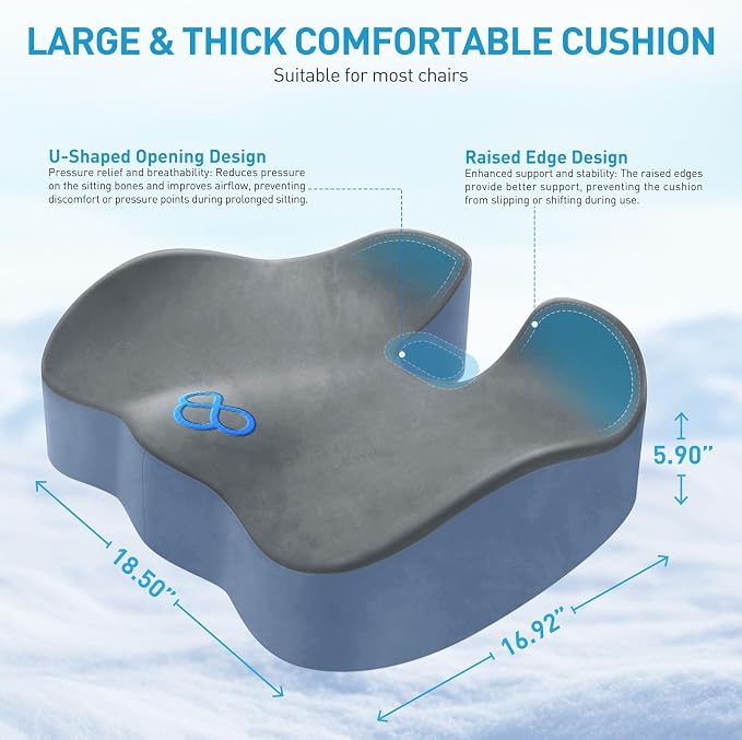 BlissTrends Extra Thick Seat Cushion for Office Chair & Car Seat, Grey&Blue | Tailbone & Sciatica Relief, Ergonomic Support, High-Density Memory Foam, Comfort for Extended Sitting