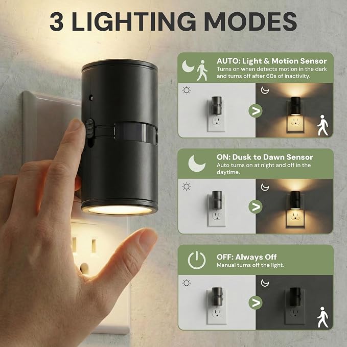 L LOHAS LED Motion Sensor Night Light, Mini Motion Activated Night Lights Plug into Wall, Rotating Motion Sensor Light Indoor, Amber-3000K-5000K, 10%-50%-100% Lumen, Hallway Bedroom Stairway, 4 Pack