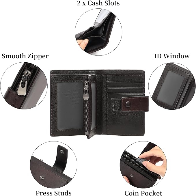 GAEKEAO Genuine Leather Wallets for Men with Zipper, RFID Blocking Mens Wallet with Coin Pouch, Bifold Wallet with 2 ID Windows in Gift Box, Billeteras de Hombres