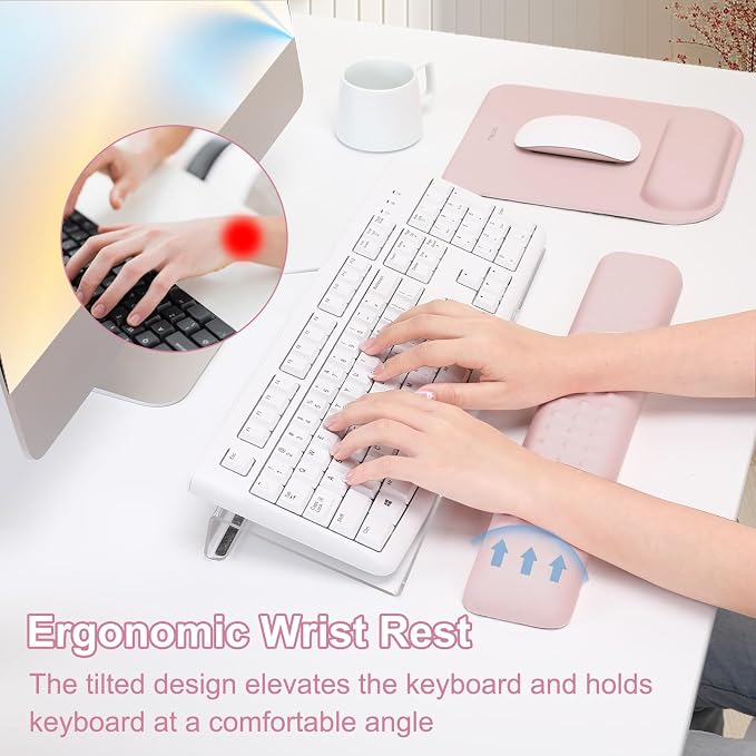 MOSISO Keyboard Stand&Wrist Rest Support for Keyboard &Mouse Pad Set | Ergonomic Massage Wrist Rest Set, Easy Typing Working Acrylic Clear Stand for Office Home, Pink