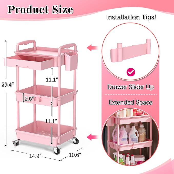 SUNALLY 3 Tier Rolling Cart with Drawer, Craft Storage Cart Organizer, Pink | Bathroom Storage Organizer with 2 Lockable Wheels, Rolling Utility Cart for Kitchen, Office, Baby, Makeup, Nail,Snack,Laundry