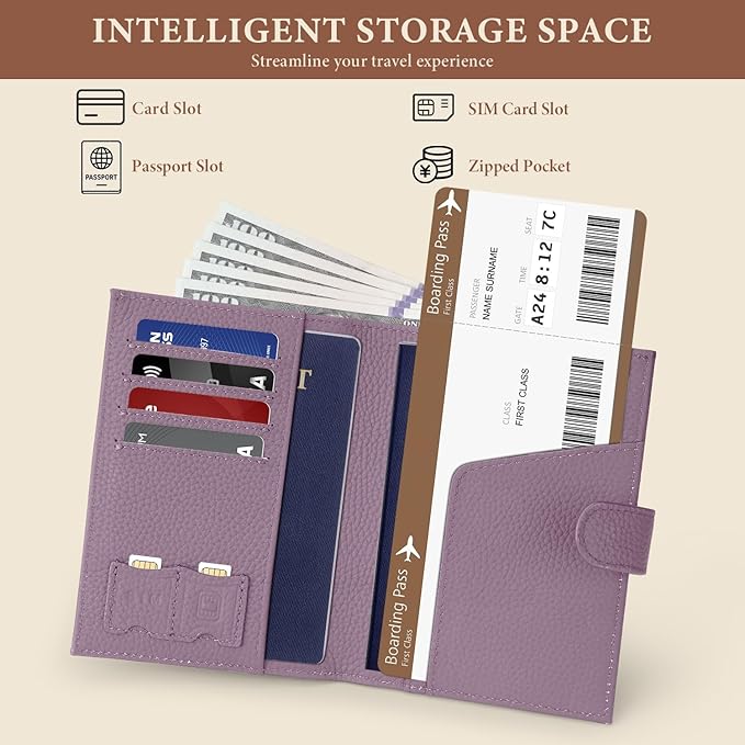Genuine Leather Passport Holder for Women Men, Hidden Airtag Pocket, RFID Blocking, Zippered Coins Pocket & Cash Compartment Travel Gifts Essentials Passport Cover Case - Purple