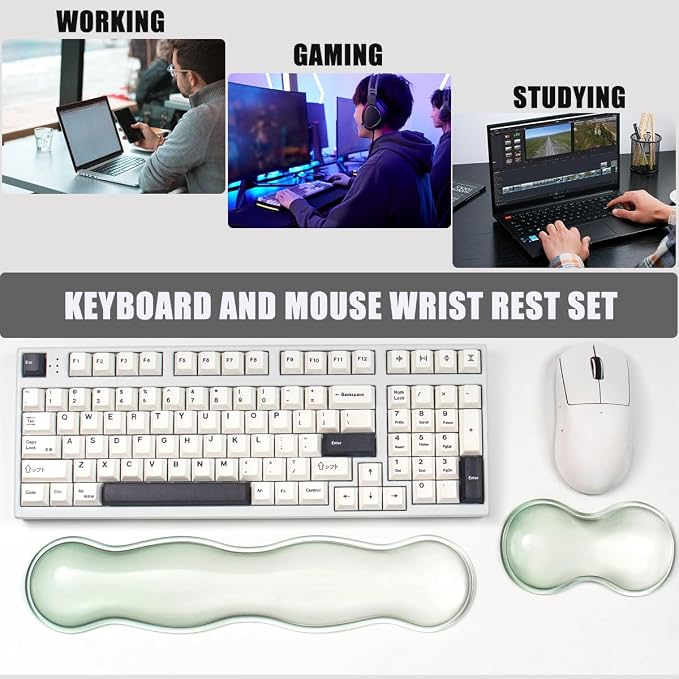 Ergonomic Gel Keyboard and Mouse Wrist Rest Set – Green Clear Wrist Rest for Computer Keyboard 60%/68%/75%, Keyboard Cushion, Comfort & Support for Typing and Gaming