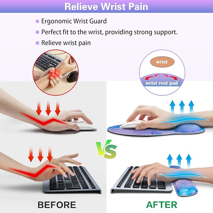 Mouse Pad Purple, Mouse Pad with Wrist Rest Set, 3-in-1 | Wrist Support Mousepad Set,Gaming with Anti-Skid Base,Ergonomic Memory Foam Keyboard Gel Wrist Rest