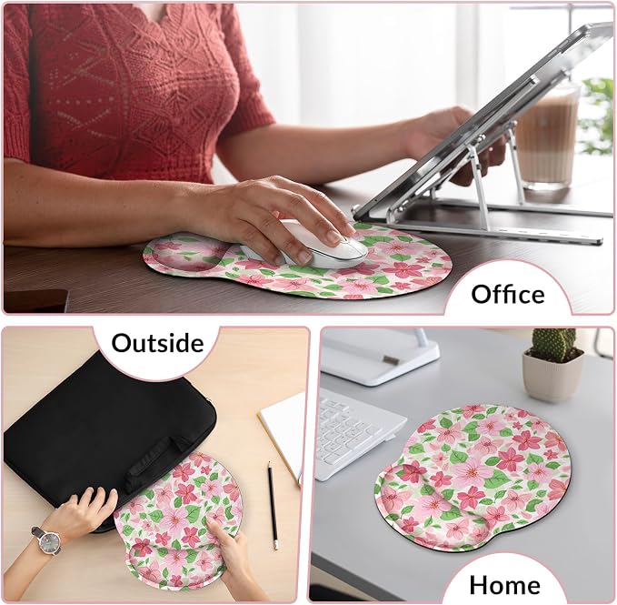 KONVINIT Ergonomic Mouse Pad with Wrist Rest, Small Mousepad with Non-Slip Rubber Base and Smooth Surface, Pink Floral Mouse Pads for Desk, Office Desk Accessories