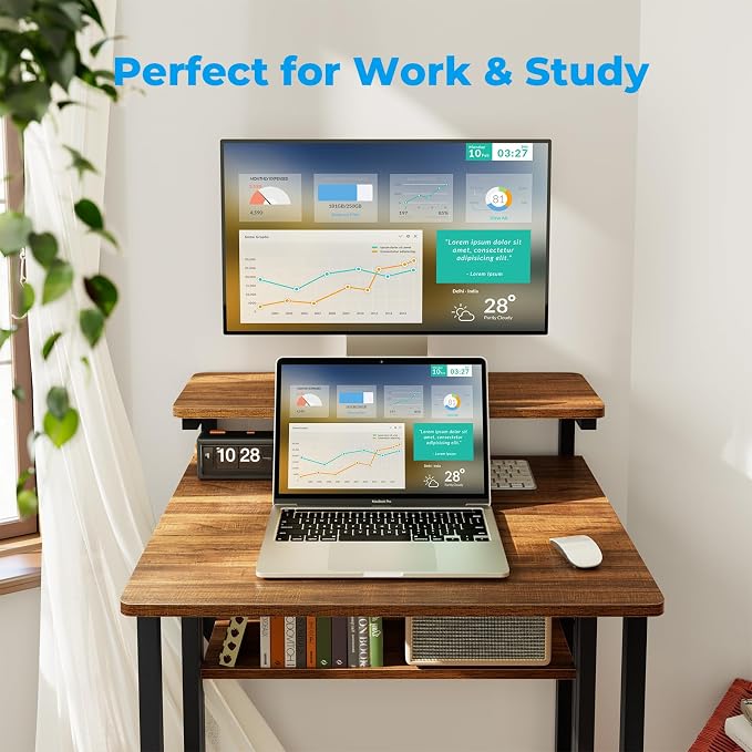 GreenForest Folding Desk with Adjustable Monitor Stand, 24.8 in Small Desk | Storage Shelf, Lockable Wheels, Portable, Space Saving, Mobile Rolling Table for Small Spaces, Home Office, Writing, Walnut