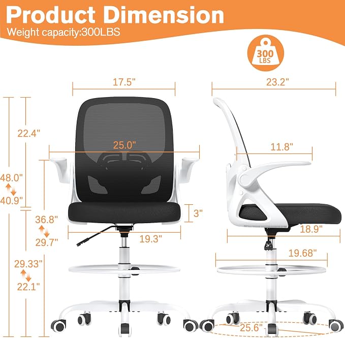 ORRSAKER Drafting Chair, Tall Office Chair with Flip-up Arms, Mesh Ergonomic Computer Standing Desk Chair with Adjustable Height Foot Ring and Lumbar Support, 300 LBS Capacity, White