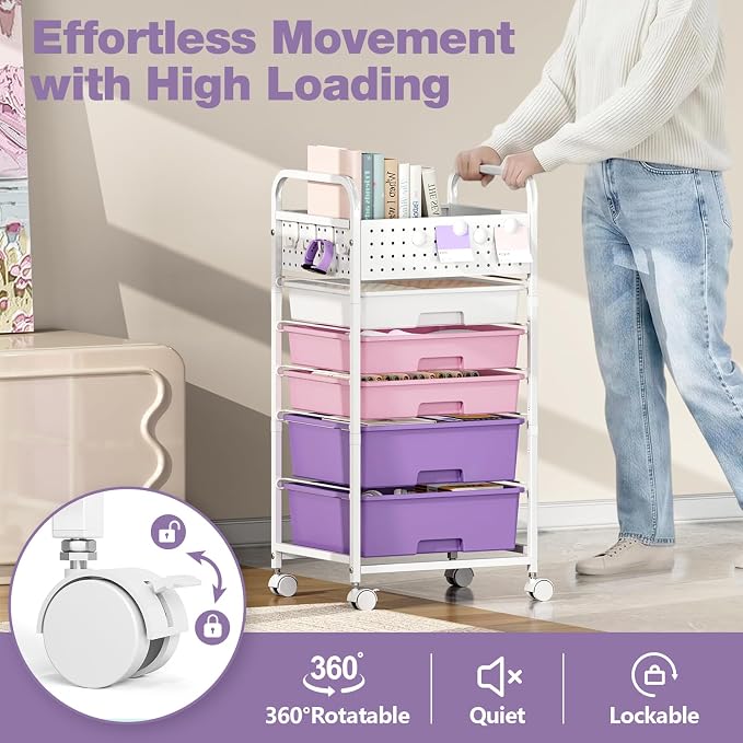 5 Drawer Rolling Storage Cart with Pegboard Top and Hooks, Dreamy Color | Mobile Organizer Cart with Wheels for Office Supplies, Craft Storage, Classroom Organization, Home Utility Cart