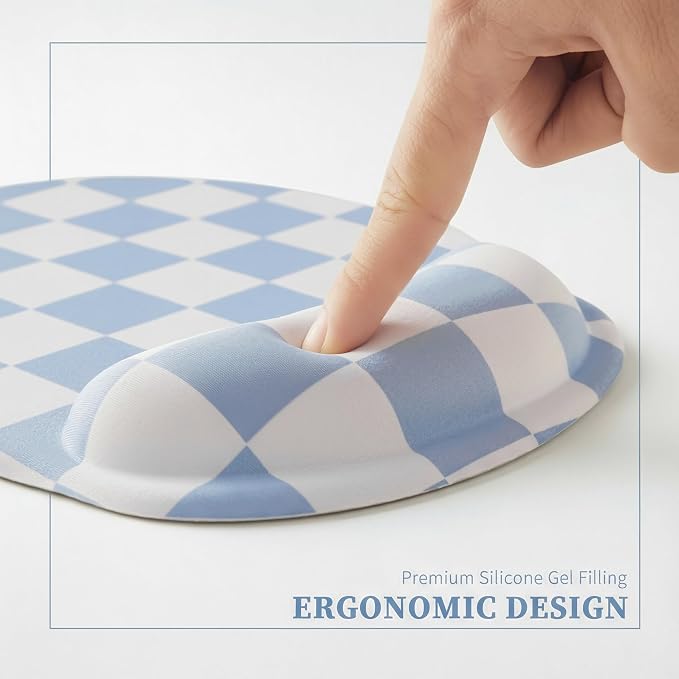 Ohocut Blue Checkered Mouse Pad with Gel Wrist Rest, Wrist Support, Ergonomic Desk Accessories for Women, Office Laptop Gaming Decor, Cute Aesthetic Trendy Check Design