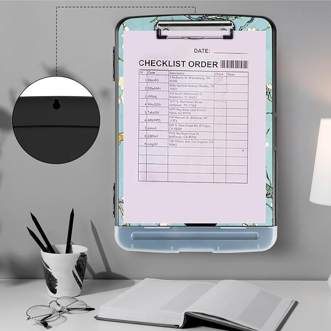 Clipboard with Storage,Storage Clipboard with Pen Holder,Heavy Duty Plastic Storage Clipboard with Low Profile Clip,Teacher Must Haves,Clipboard Folder,Office Supplies,Black Cat and Flowers