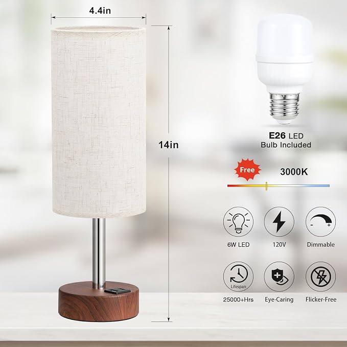 Dicoool Bedside Table Lamp for Bedroom - 3-Way Dimmable Touch Lamp, USB A+C | LED Bulb Included, 14" Small Nightstand Lamp for Desk, Living Room, Guest Room, Cream Fabric Lampshade, Redwood Metal Base