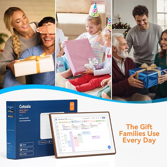 15.6" Smart Digital Calendar - No Subscription Family Hub with Calendar Sync, Meal Planner, Photo & Video Display, Touch Screen, Wall & Desk Mount, Gifts for Women Men (Walnut)