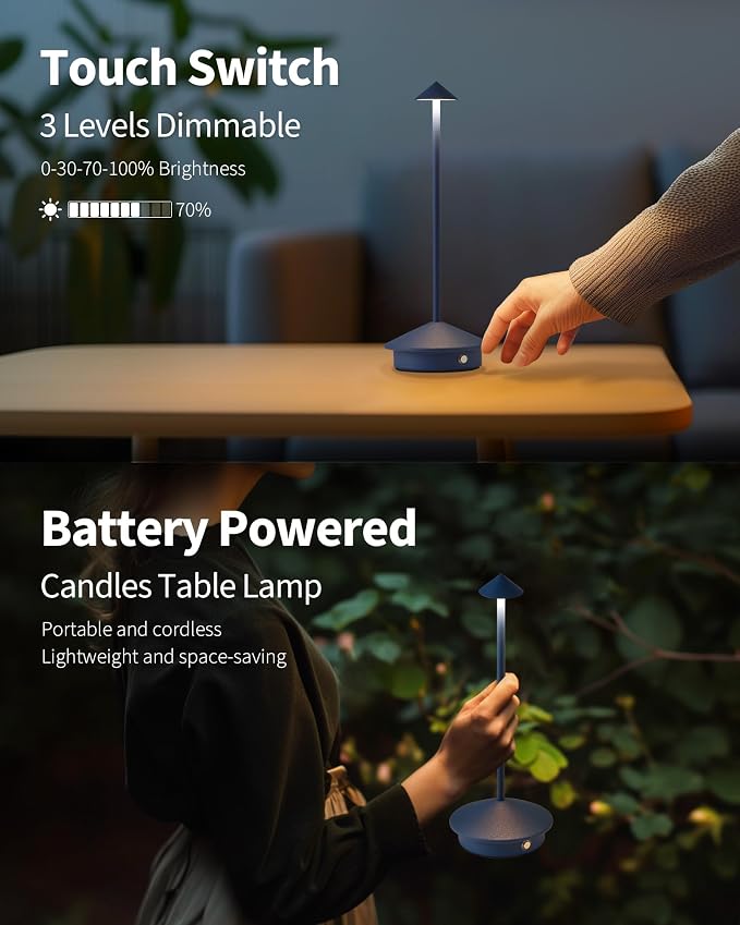 Modern Cordless Table Lamp Set of 2, Blue Portable LED Desk Lamps | 4000mAh, Rechargeable, Battery Operated Lighting for Bedroom, Dining Room, Restaurant, Coffee Shop, Camping, Night Light