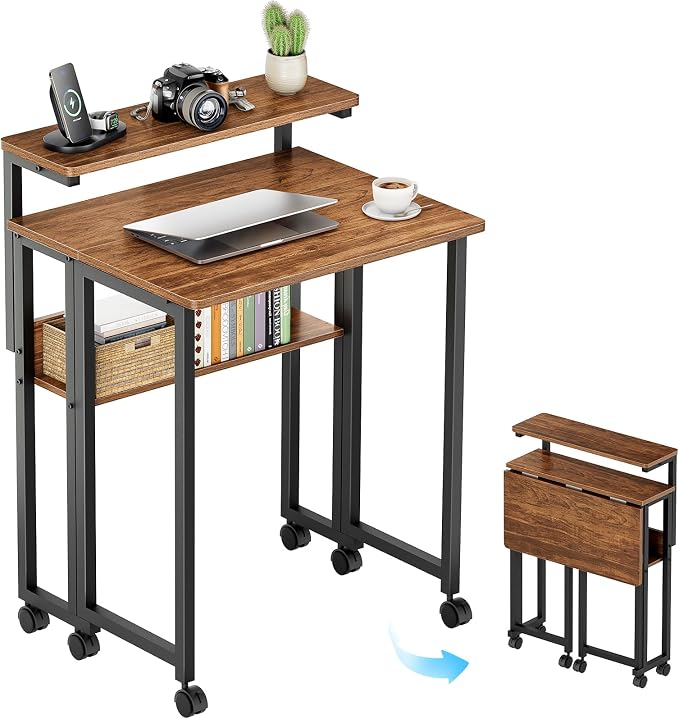 GreenForest Folding Desk with Adjustable Monitor Stand, 24.8 in Small Desk | Storage Shelf, Lockable Wheels, Portable, Space Saving, Mobile Rolling Table for Small Spaces, Home Office, Writing, Walnut