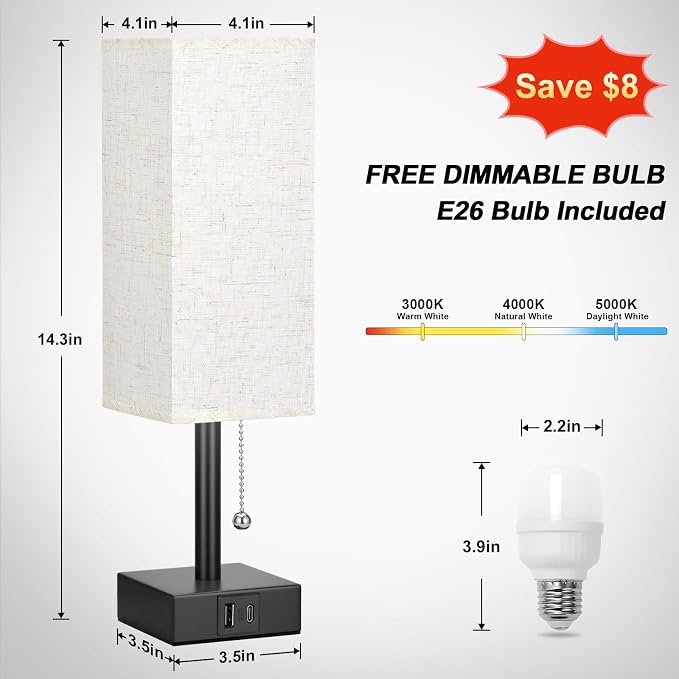 Small Bedside Table Lamp for Bedroom - Desk Lamp For Nightstand, USB C+A | Pull Chain Lamp, 3 Color Modes(3000K/4000K/5000K), E26 LED Bulb Included, Square Beige Fabric Lampshade, for Read, Work, Dorm