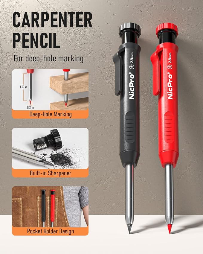 Nicpro 2Pack Carpenter Pencil with Sharpener, Mechanical Carpenter Pencils with 26 Refills (Red, Black, Yellow), Heavy Duty Construction Pencil, Woodworking Pencils for Architect | Mechanical Carpenter Pencils+26 Refill, Heavy Duty Construction Pencil,...