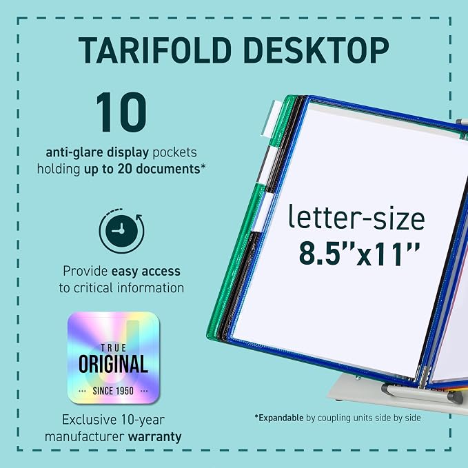Tarifold Desktop Reference Display System, 10 Pockets, Expandable, Assorted | 10 double-sided PVC pockets, holds 20 letter-size sheets, sturdy metal base, quick-find indexing, quick and easy to assemble