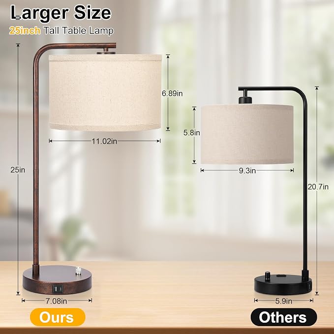 Vintage Table Lamp, Fully Dimmable Bedside Lamp with C+A USB Charging Ports | 25" Farmhouse Bedside Lamp Nightstand Light, Tall Reading Desk Lamp for Living Room Bedroom Office, LED Bulb Included