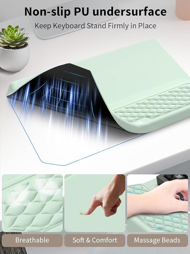 3-in-1 Ergonomic Keyboard Stand with Wrist Rest & Mouse Pad Set,Light Green | Comfy Keyboard Riser Holder Soft Mousepad with Massage Design, Memory Foam and Non-Slip PU Base for Pain Relief