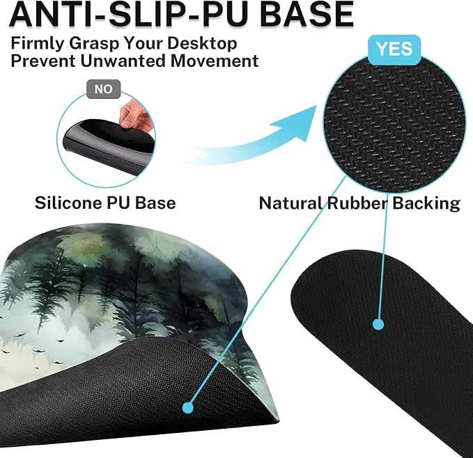 Ergonomic Mouse Pad Set with Wrist Rest, Green Mountain | Forest Ink Style Non-Slip Rubber Base Wrist Cushion Support and Coasters Mousepad with Wrist Support for Computer Keyboard