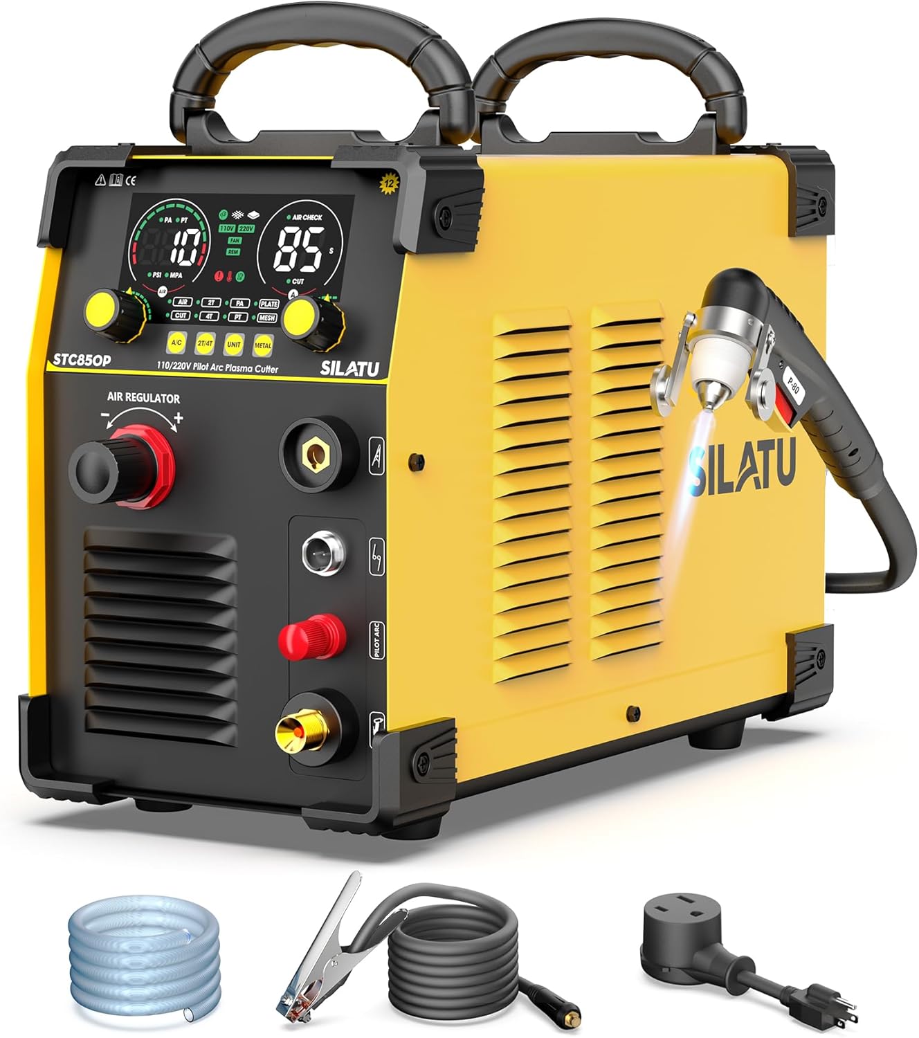 SILATU 85Amps Plasma Cutter, Large LED Display, Non-Touch Pilot Arc, Air Sensor Technology, 110/220V Dual Voltage IGBT Inverter Plasma Cutter Machine, 1'' Clean Cutting Thickness for Beginners DIY