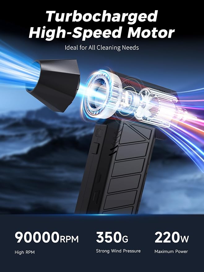 Compressed Air Duster Air Gun - Powerful Cordless Rechargeable 4-Gear Adjustable Air Blower with LED Lighting, for Computer, Keyboard, Car, Outdoor