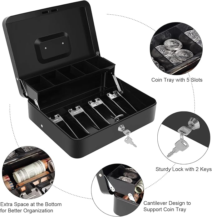 Sumerfnt Cash Box with Money Tray and Lock Money Box for Cash, Metal Locking Cash Box - 11.8" x 9.4" x 3.54" Black