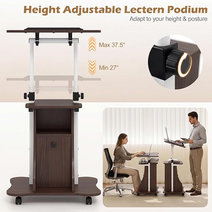Tangkula Rolling Lectern Podium Stand, Height Adjustable Laptop Table with Tilting Tabletop & Storage Shelves, Compact Standing Desk with Lockable Casters for Home Office School (Brown)