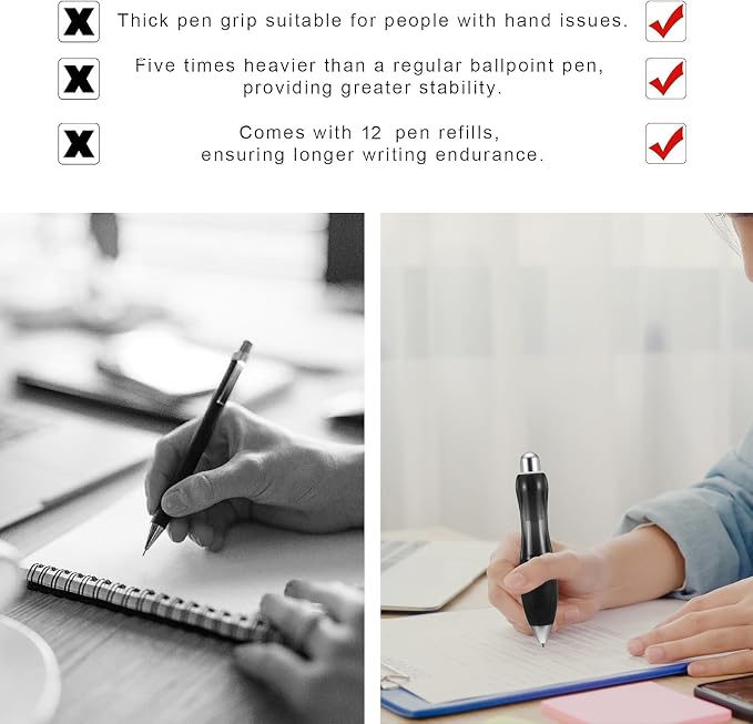 14 Pcs Big Fat Pens, Large Wide Grip Ballpoint with Rope, Ergonomic Pen for Tremor, Arthritis, Parkinson, Handicap (2 Pens + 6 Blue Refills + 6 Black Refills)