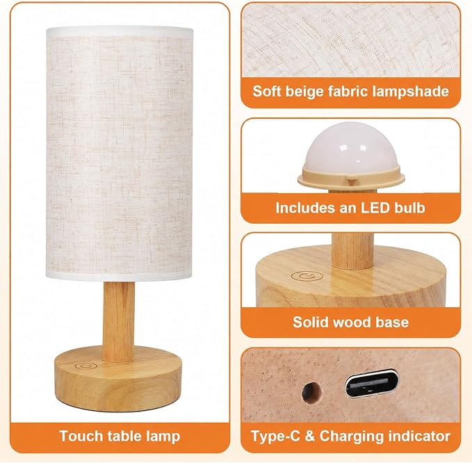 Rechargeable Cordless Touch Table Lamp with Stepless Dimming,Natural Wood Base&Linen Shade,Small Battery Wireless Ambient Night Light for Bedroom,Bedside,Nightstand,Nursery,Kitchen,Camping,Outdoor