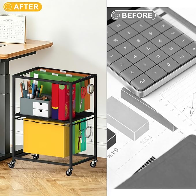 Sunexinlo Rolling File Cart for Letter/Legal Size 2-Tier,Hanging File Organizer, Pull-Out Mobile File Cabinet with 360° Wheels & 4 Hooks, Under Desk Filing Cabinets for Home Office, Black