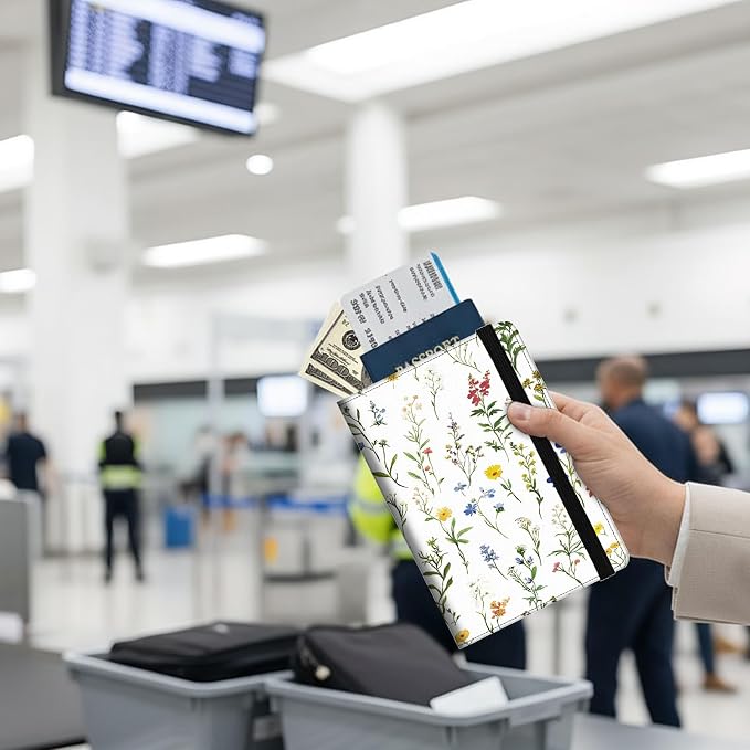 Passport Holder Wallet Cover Case,RFID Blocking Passport Cover,Large Capacity Travel Wallet with Multi Card Slots (Flower Weeds Leaves)