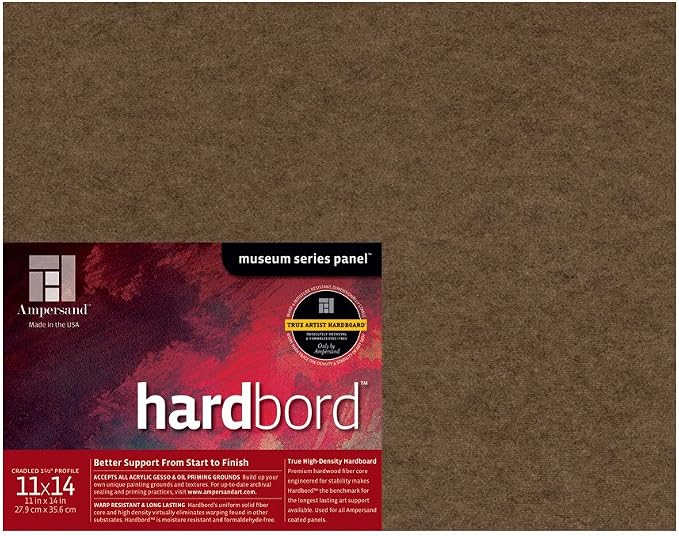 Ampersand Art Supply Hardboard Wood Painting Panel: Museum Series Hardbord, 11" x 14", 1-1/2 Inch Cradled Profile
