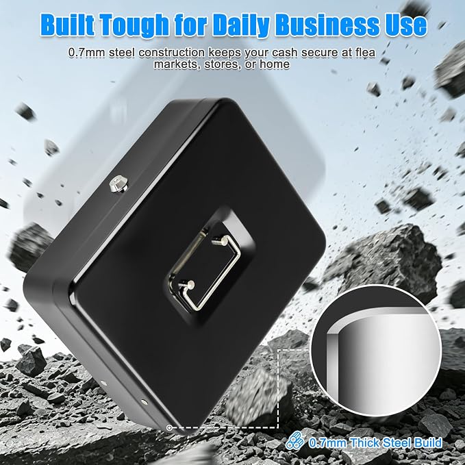 KYODOLED Cash Box with Key Lock–0.7mm Thick Metal Money Box for Flea Market Vendors, Craft Fairs & Small Business–Portable Cash Drawer with Auto-Pop Coin Tray & Windproof Bill Clips (11.8", Black)