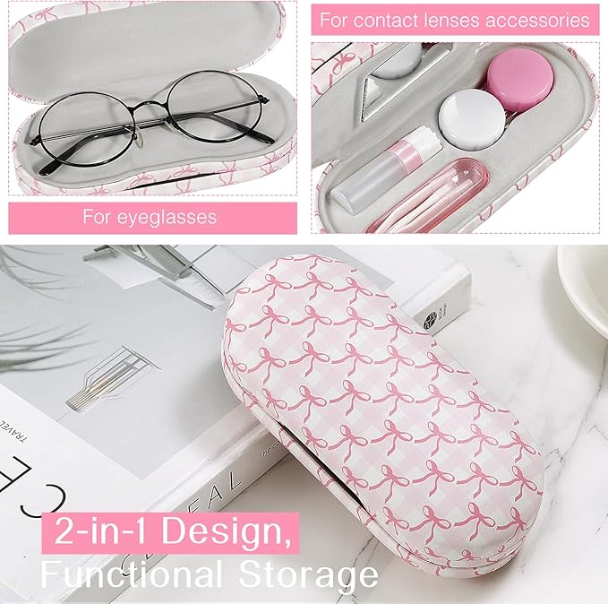 MoKo Double Eyeglass Case, Contact Lens Case with Mirror Tweezers Remover, 2 in 1 Double Sided Portable Contact Lens Box Holder Container Soak Storage Kit Sunglasses Pouch for Men & Women, Pink Scales