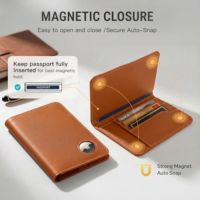 ALLIVE RFID Blocking Passport Holder for Travel, Genuine Leather Passport Holder with AirTag Slot, Magnetic Closure Passport Cover Travel Wallet for Women Men, Travel Essentials Gifts (Caramel)