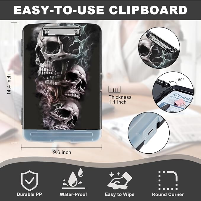 Clipboard with Storage,Heavy Duty Plastic Storage Clipboard with Low Profile Clip,Teacher Must Haves,Office Supplies,Skull/Black