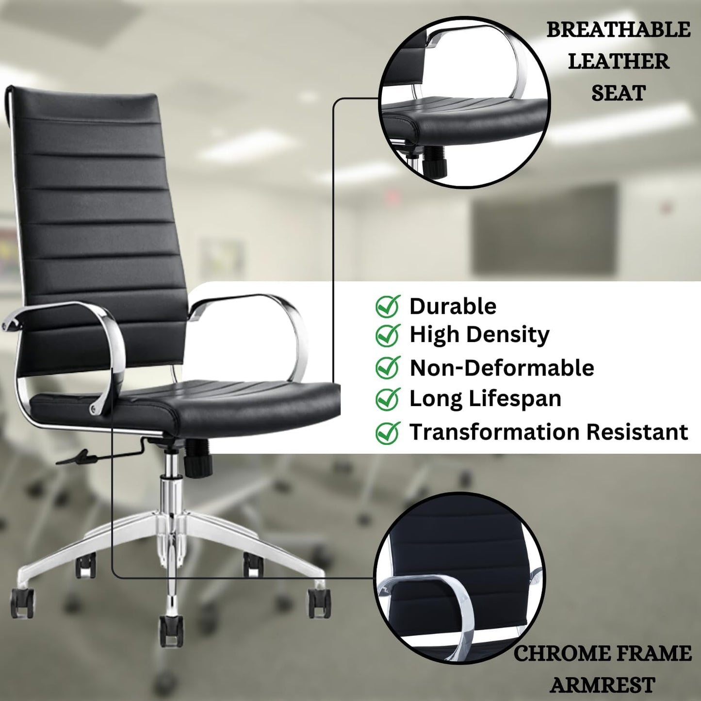 Ribbed High Back Conference Room Chairs - Lumbar Support, Modern Style Executive Chair for Home and Office - 360 Swivel Rolling Wheels - Aluminum Chrome Frame & Base - Black (Pack of 8)