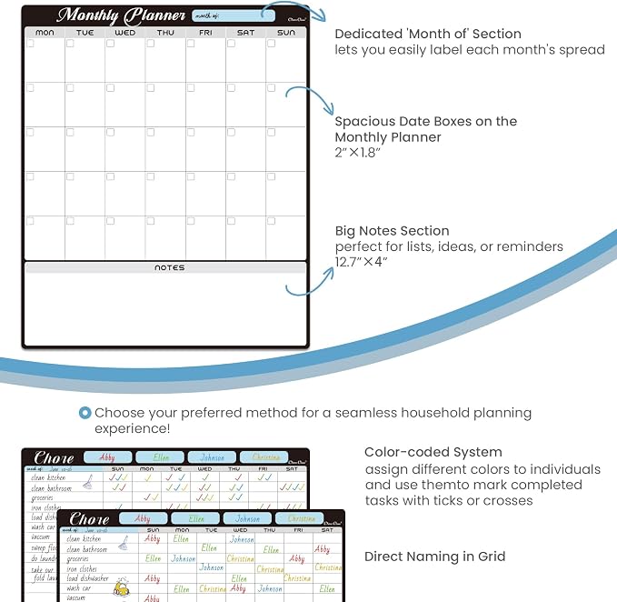 Magnetic Dry Erase Monthly Calendar Set - 15.5"x13" Monthly Calendar and 8.5"x13" Chore Board for Fridge - 6 Extra Fine Point Markers Included - Shipped Flat