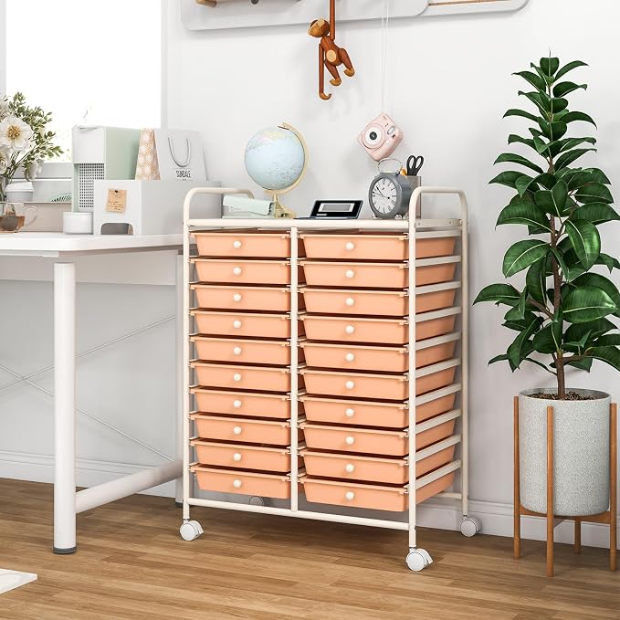 COSTWAY 20-Drawer Rolling Storage Cart, Utility Storage Organizer Cart | For Tools, Scrapbook, Paper, Craft, Multipurpose Storage Trolley on Wheels for Home Office School (Peach)