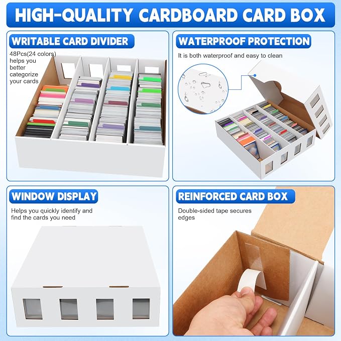 4 Pack Trading Card Storage Box 12500+ Count Cards Storage Box with 48 Card Divider White Sports Card Boxes Bulk Card Cases Cardboard Card Collection Trading Card Boxes for Basketball MTG TCG Cards