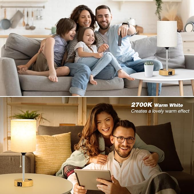 Small Bedside Table Lamp for Bedroom, Desk Lamp with USB Ports for Dorm | USB A+C Ports, AC Outlet, 3 Color Temperatures, LED Bulb Included, Linen-Fabric Shade, Wood Grain Base, 14" Night Stand Lamp